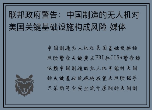 联邦政府警告：中国制造的无人机对美国关键基础设施构成风险 媒体